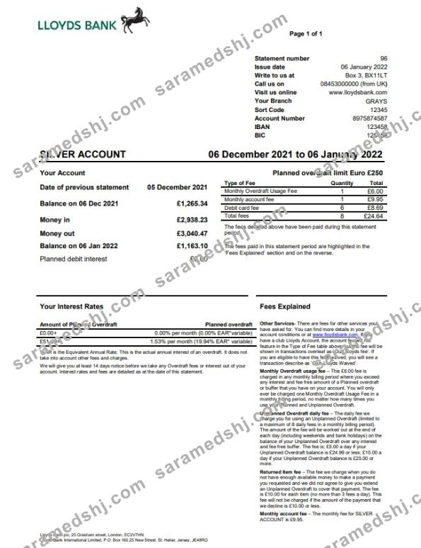 United Kingdom Lloyds bank statement Word and PDF template, version 2